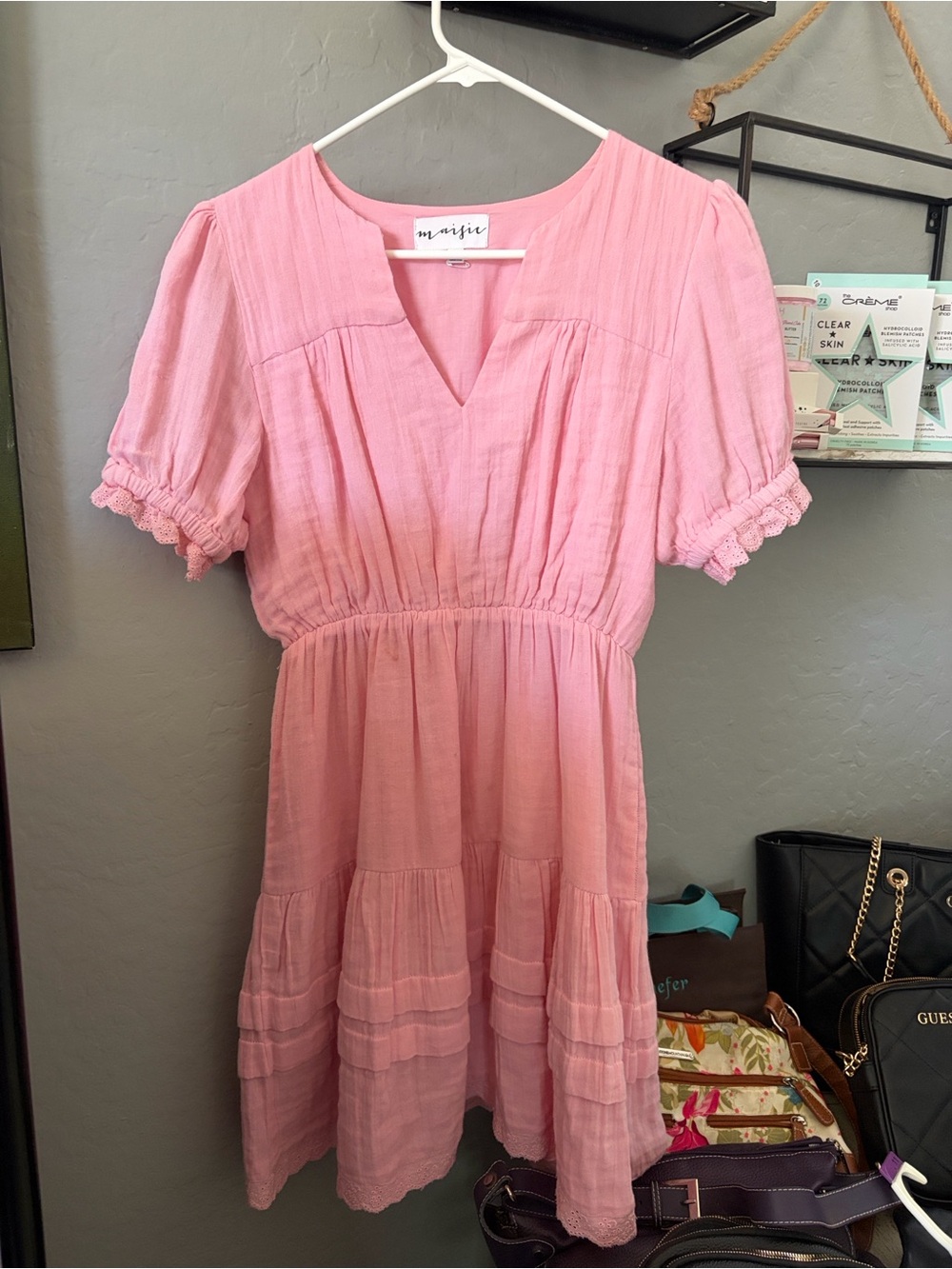 Pink V-Neck Tiered Midi Dress with Puff Sleeves
